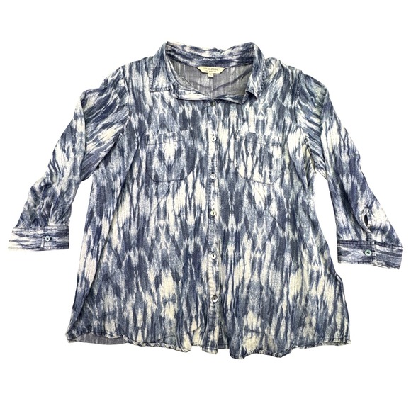 Liverpool Los Angeles Tops - Liverpool Shirt Women's Medium Button Down Blue Long‎ Sleeve White Ikat Blouse